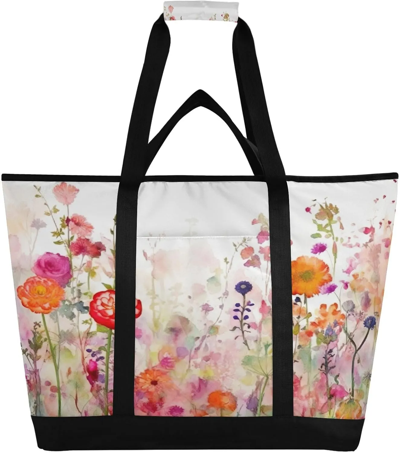 Watercolor Floral Reusable Insulated Lunchbox Cooler Bag, Leakproof Kitchen Grocery Bag Collapsible Portable Cooler Tote Bag for Picnic, Camping, Office, Travel