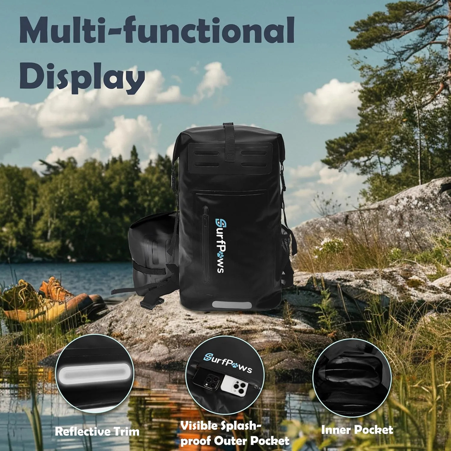 Waterproof Backpack - Outdoor Dry Bag for Boating, Camping, Rafting, Fishing, and More, with Waterproof Phone Pouch (Black, 35L)