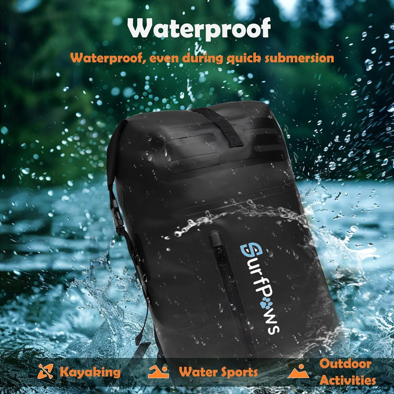 Waterproof Backpack - Outdoor Dry Bag for Boating, Camping, Rafting, Fishing, and More, with Waterproof Phone Pouch (Black, 35L)