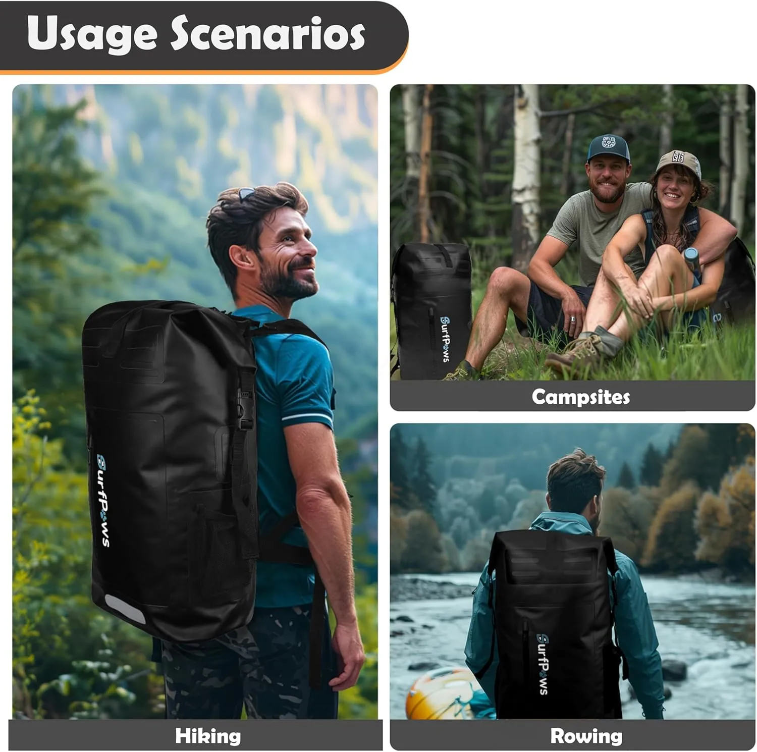 Waterproof Backpack - Outdoor Dry Bag for Boating, Camping, Rafting, Fishing, and More, with Waterproof Phone Pouch (Black, 35L)