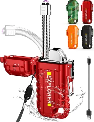 Waterproof Electric Lighter with 360°Flexible Long Neck, Outdoor Windproof Arc Lighter USB Rechargeable Flameless Plasma Cool Lighters for Outdoor & Kitchen(Red)