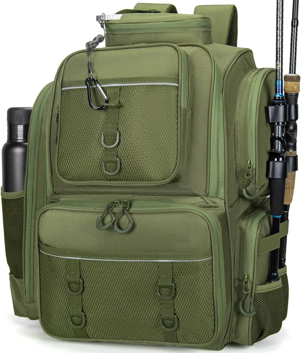 Waterproof Fishing Bag with Rod Holder,A Movable Partition and An Insulated Liner, It Is also A Large Lightweight Hiking Backpack