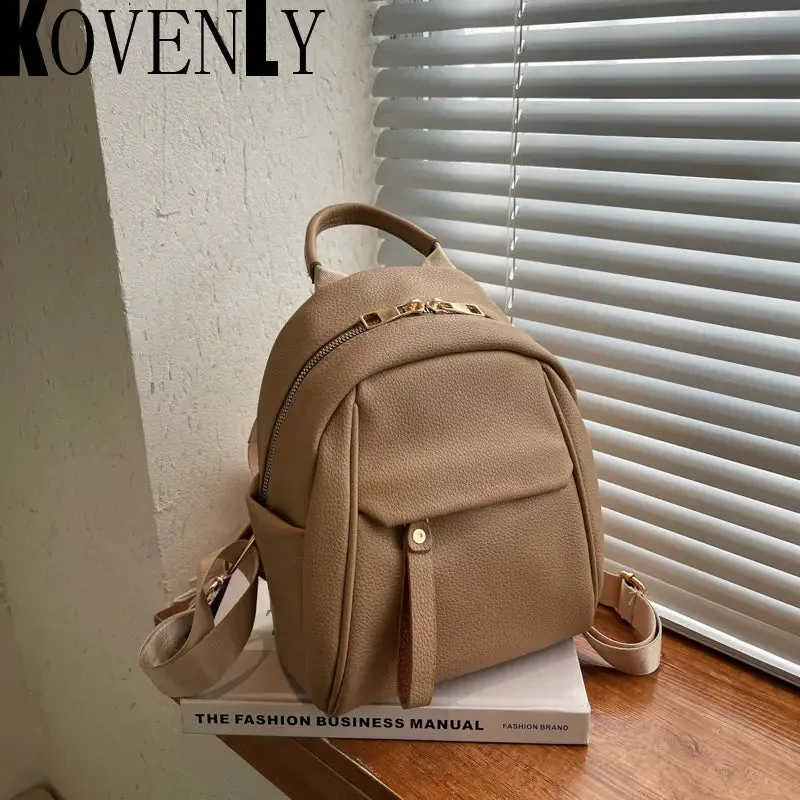 Waterproof Solid Color Leather Backpack for College Travel