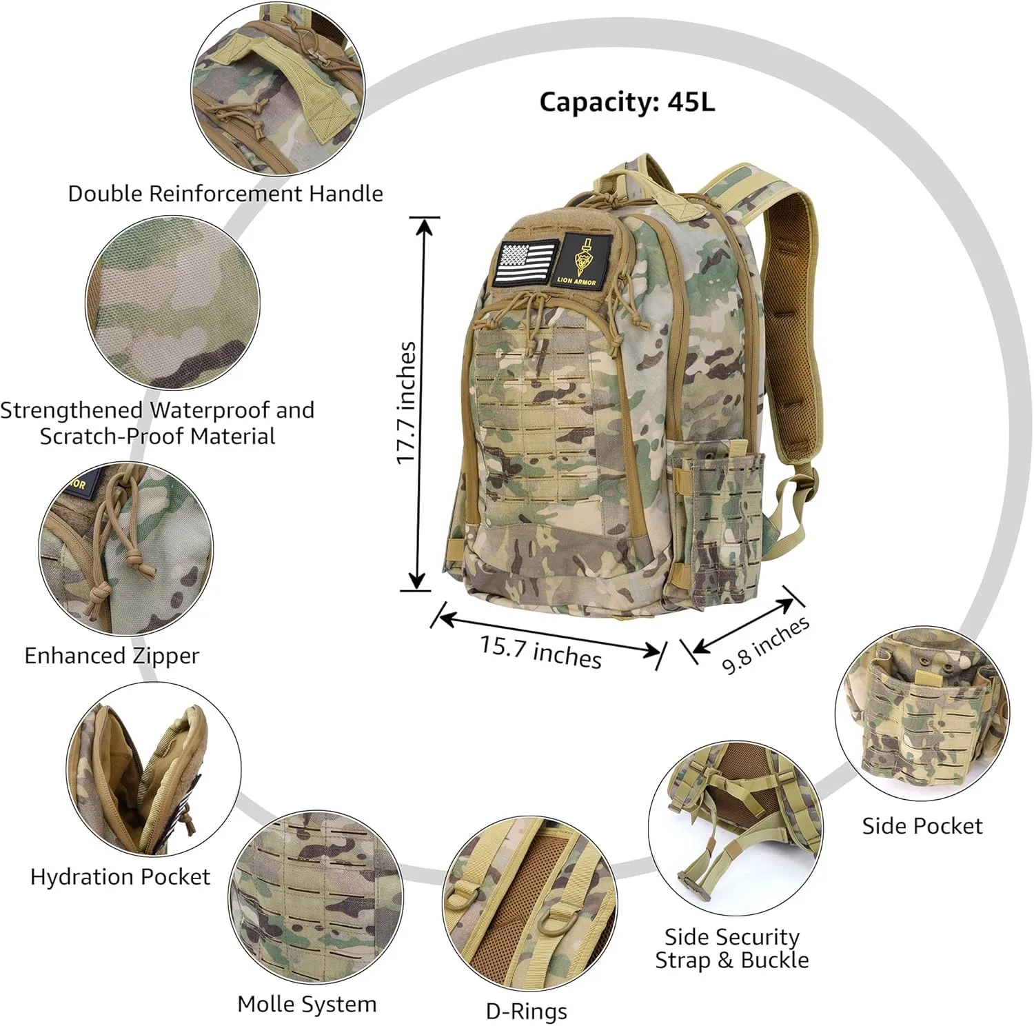 Waterproof Tactical Laptop Backpack, 45L, Sport Model (Camouflage)