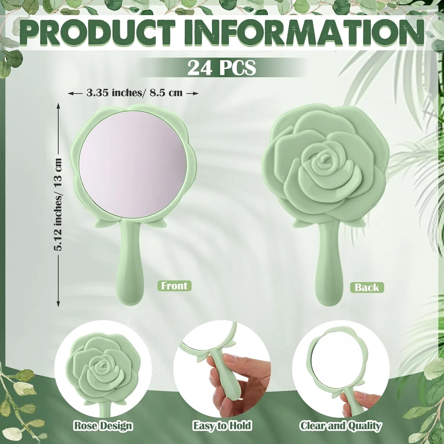 Wenqik 24 Sets Bridal Shower Favors Rose Compact Mirrors Bulk Wedding Favors for Guests Rose Compact Handheld Mirrors with Thank You Cards and Organza Bags Wedding Party Guests Souvenir Gifts (Green)