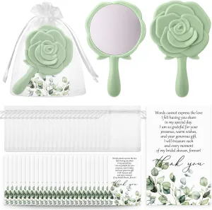Wenqik 24 Sets Bridal Shower Favors Rose Compact Mirrors Bulk Wedding Favors for Guests Rose Compact Handheld Mirrors with Thank You Cards and Organza Bags Wedding Party Guests Souvenir Gifts (Green)