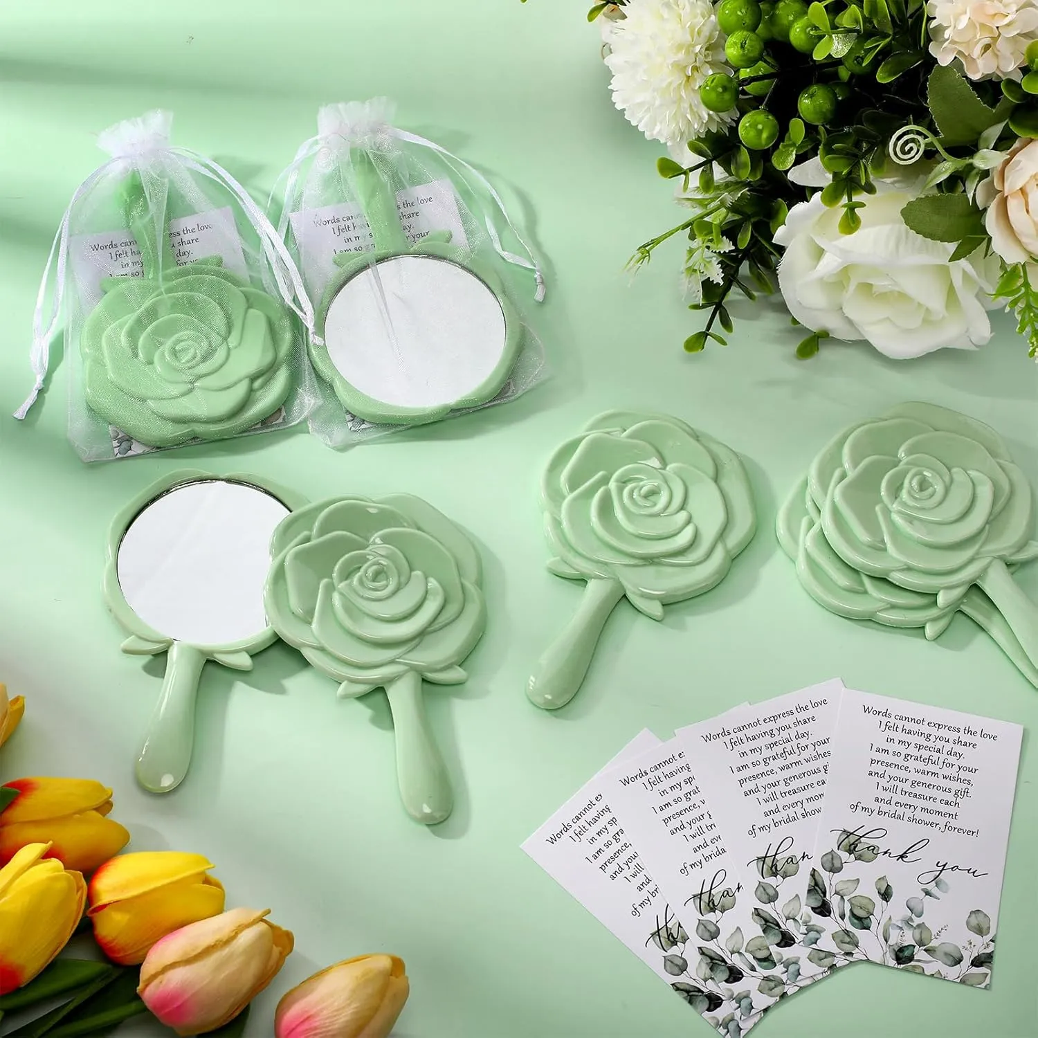 Wenqik 24 Sets Bridal Shower Favors Rose Compact Mirrors Bulk Wedding Favors for Guests Rose Compact Handheld Mirrors with Thank You Cards and Organza Bags Wedding Party Guests Souvenir Gifts (Green)
