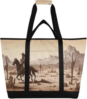 Western Desert Cowboy Reusable Insulated Lunchbox Cooler Bag, Leakproof Kitchen Grocery Bag Collapsible Portable Cooler Tote Bag for Picnic, Camping, Office, Travel