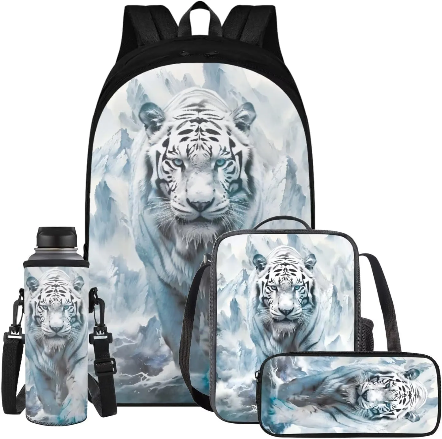 White Tiger 6Th Grade Backpack for Boys 17 Inch Backpack and Lunch Bag Pencil Case Water Bottle Sleeve Set for Boys Ideal for Students Go To School Extracurricular Activities