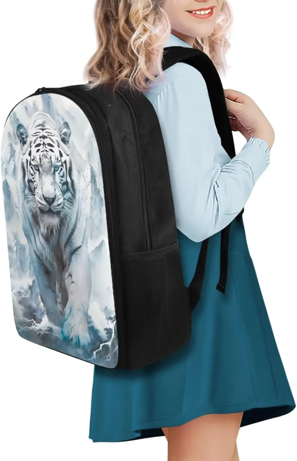 White Tiger 6Th Grade Backpack for Boys 17 Inch Backpack and Lunch Bag Pencil Case Water Bottle Sleeve Set for Boys Ideal for Students Go To School Extracurricular Activities
