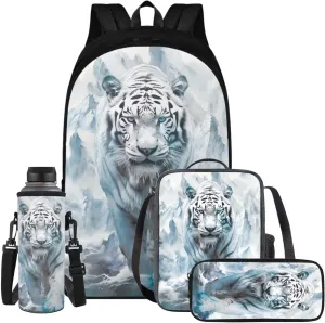 White Tiger 6Th Grade Backpack for Boys 17 Inch Backpack and Lunch Bag Pencil Case Water Bottle Sleeve Set for Boys Ideal for Students Go To School Extracurricular Activities