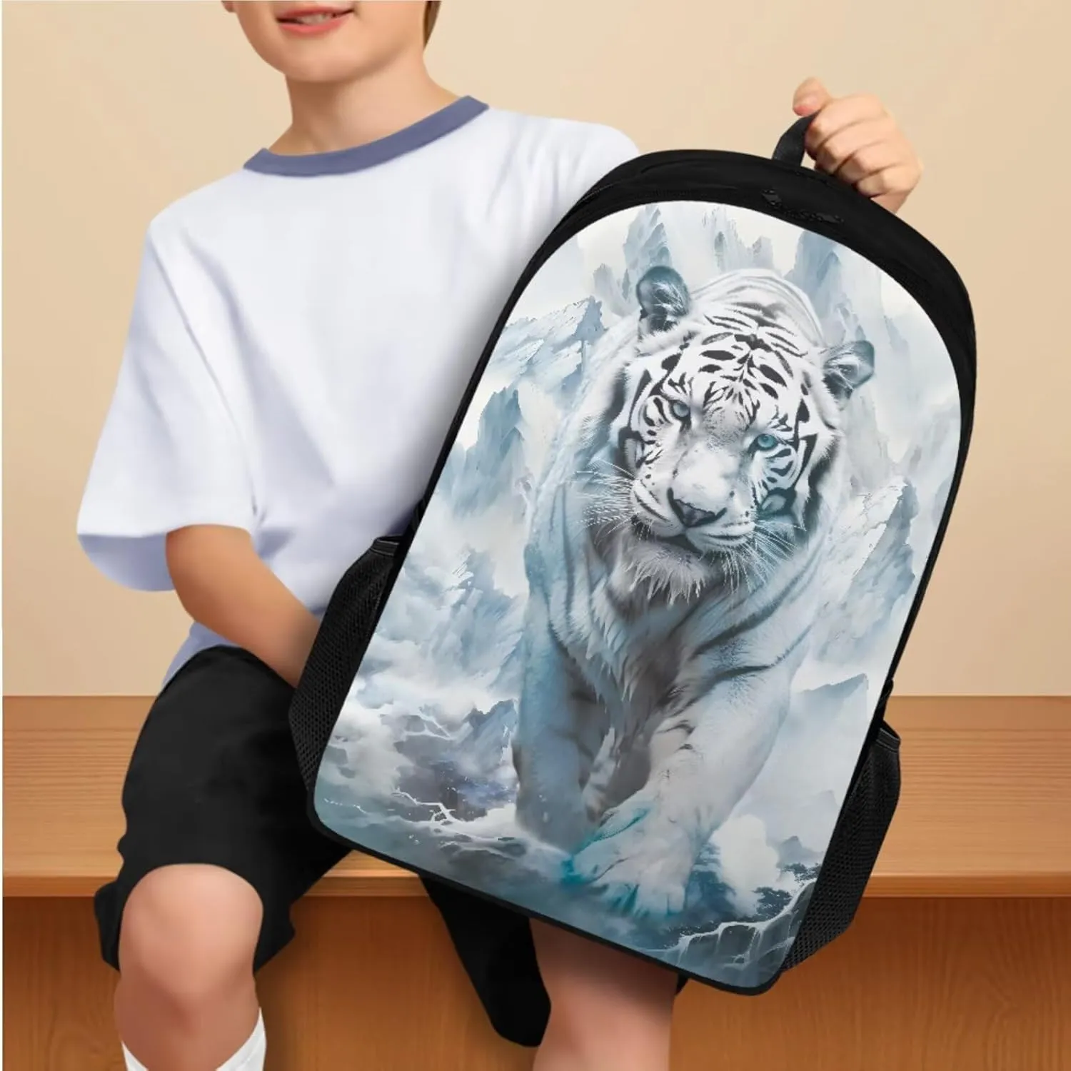 White Tiger 6Th Grade Backpack for Boys 17 Inch Backpack and Lunch Bag Pencil Case Water Bottle Sleeve Set for Boys Ideal for Students Go To School Extracurricular Activities