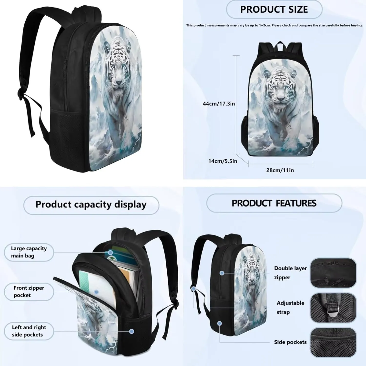 White Tiger 6Th Grade Backpack for Boys 17 Inch Backpack and Lunch Bag Pencil Case Water Bottle Sleeve Set for Boys Ideal for Students Go To School Extracurricular Activities