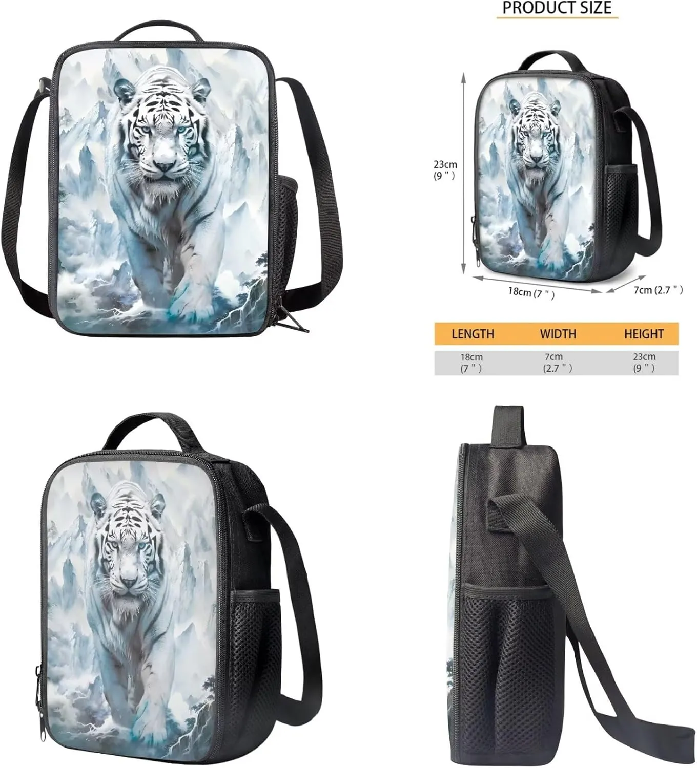 White Tiger 6Th Grade Backpack for Boys 17 Inch Backpack and Lunch Bag Pencil Case Water Bottle Sleeve Set for Boys Ideal for Students Go To School Extracurricular Activities
