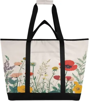 Wildflowers Reusable Insulated Lunchbox Cooler Bag, Leakproof Kitchen Grocery Bag Collapsible Portable Cooler Tote Bag for Picnic, Camping, Office, Travel