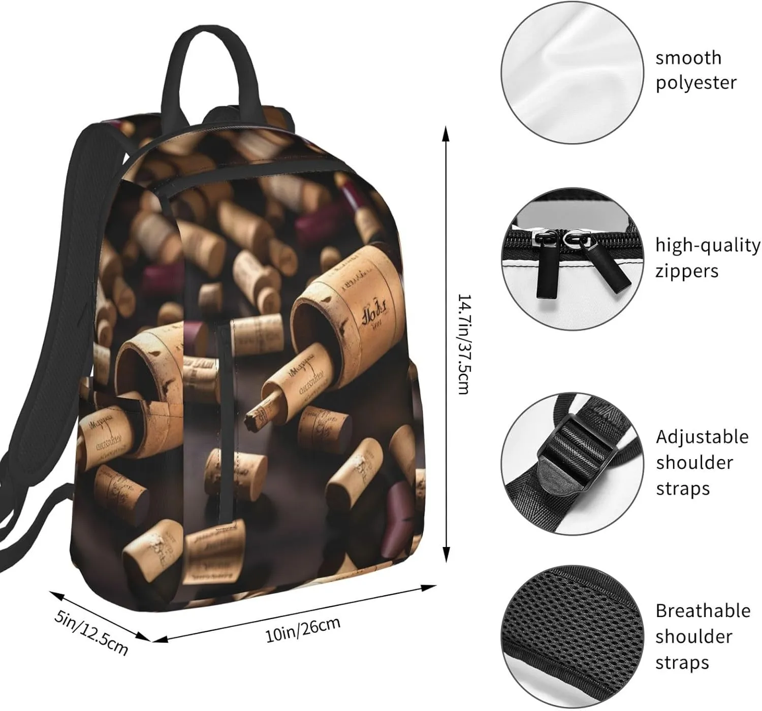 Wine Bottle Cork Print Lightweight Backpack, Travel Bookbag College Bag,Laptop Backpack For Men Women