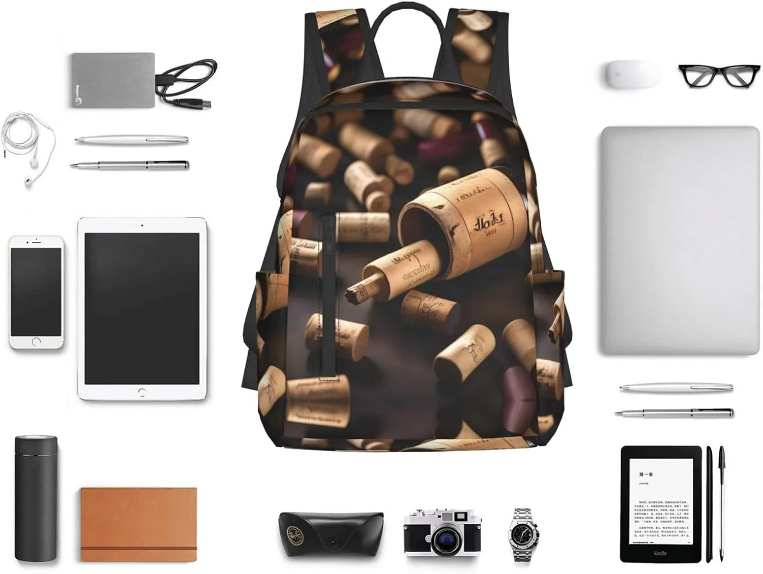 Wine Bottle Cork Print Lightweight Backpack, Travel Bookbag College Bag,Laptop Backpack For Men Women