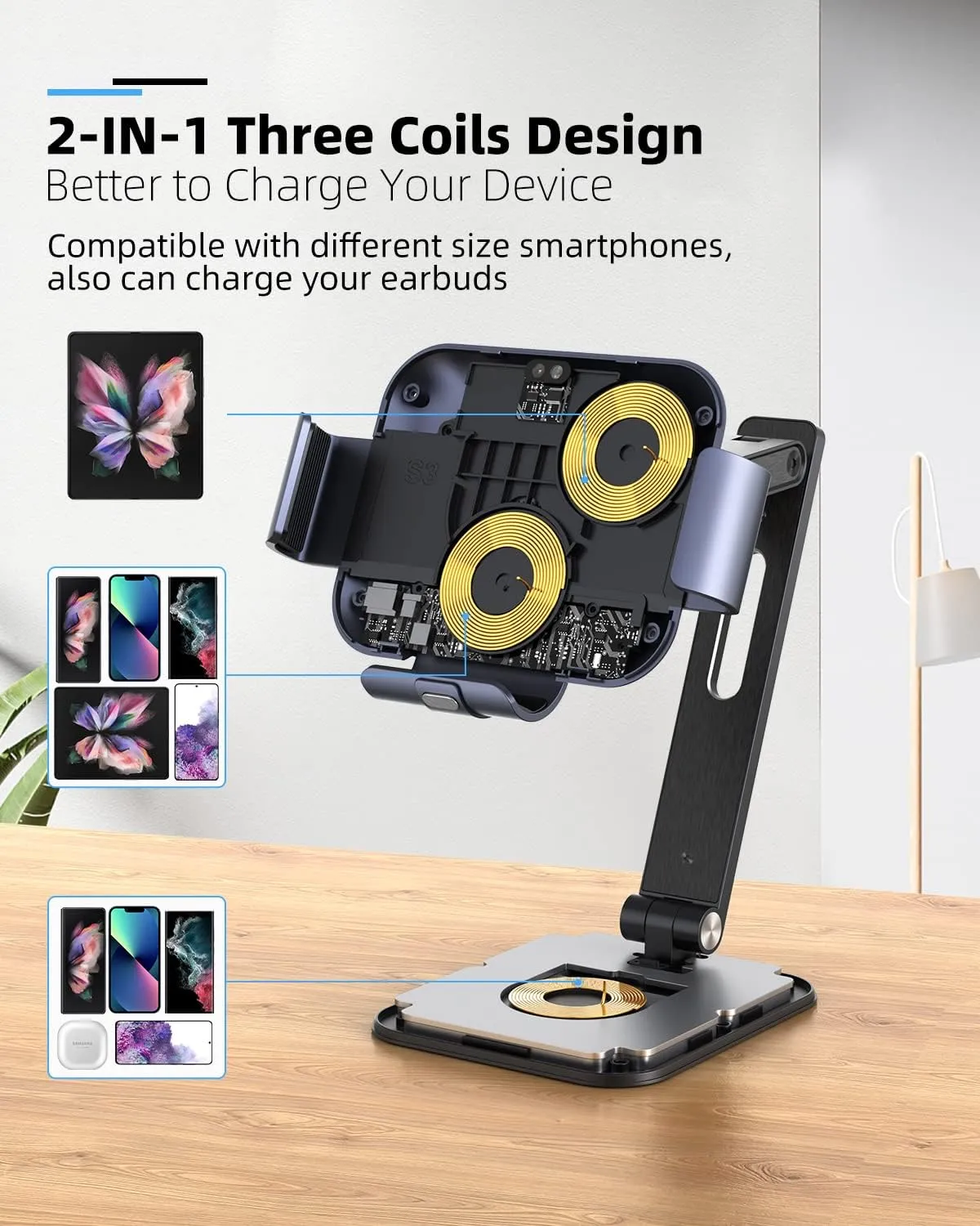 Wireless Charger Stand for Z Fold 6/5/4/3, Aluminium Alloy Charging Station [3 Coils] 2 in 1 Charger Station for Samsung Galaxy Buds 3/2 Pro/Pro/Live and Z Fold Series（Include 20W Adapter）