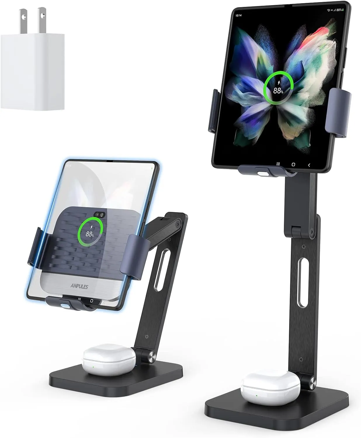 Wireless Charger Stand for Z Fold 6/5/4/3, Aluminium Alloy Charging Station [3 Coils] 2 in 1 Charger Station for Samsung Galaxy Buds 3/2 Pro/Pro/Live and Z Fold Series（Include 20W Adapter）