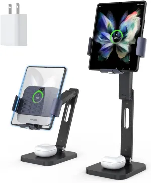 Wireless Charger Stand for Z Fold 6/5/4/3, Aluminium Alloy Charging Station [3 Coils] 2 in 1 Charger Station for Samsung Galaxy Buds 3/2 Pro/Pro/Live and Z Fold Series（Include 20W Adapter）