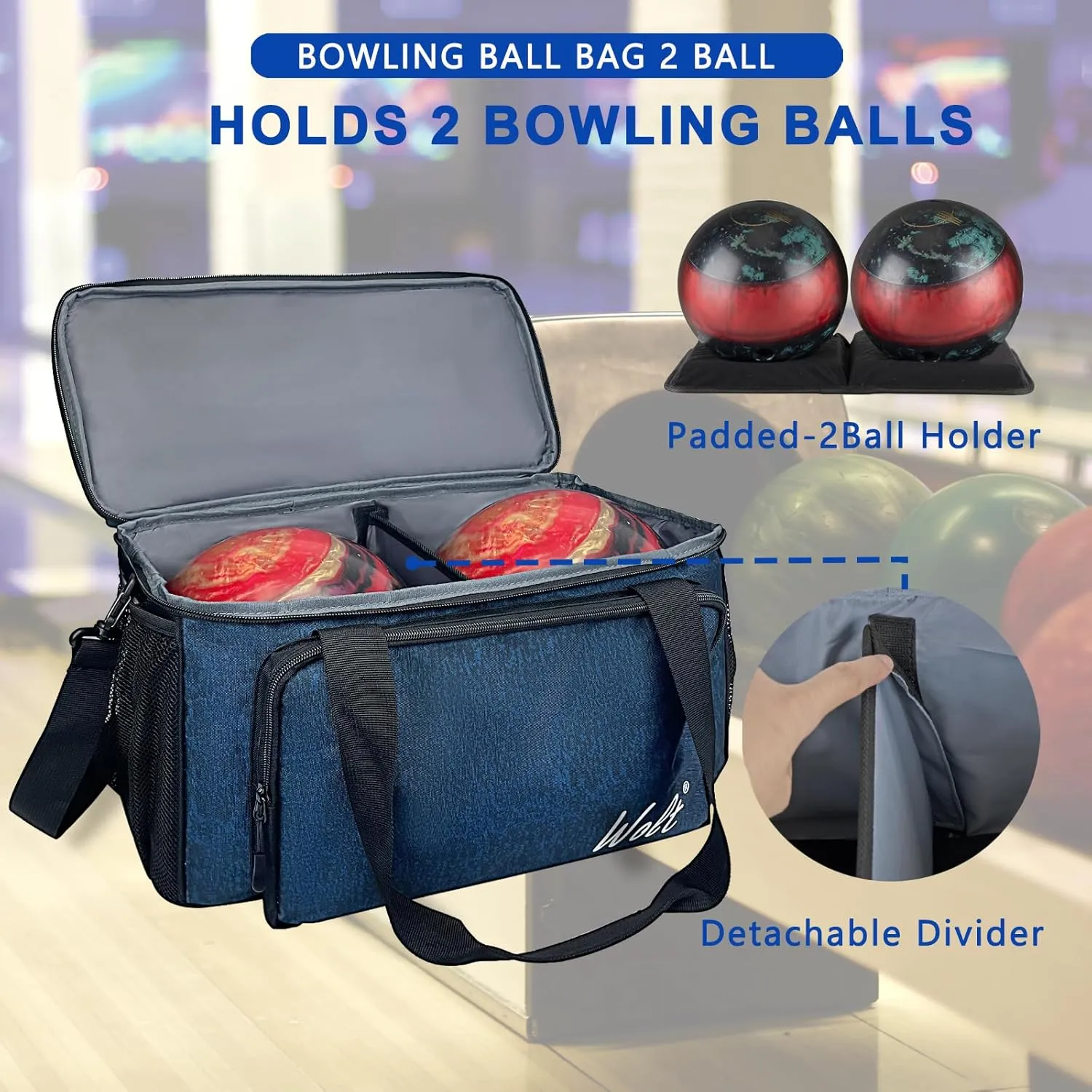 WOLT 2 Ball Bowling Bag with Padded Holder - Fits Shoes Up to Mens Size 16, Bowling Accessories