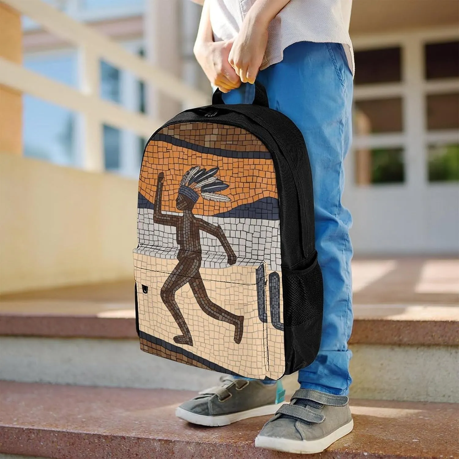 Women Men Polyester Kokopelli Southwest Desert Art Casual Daypack Large Capacity Bookbag With Side Pockets for Sports Picnic Walking Cycling