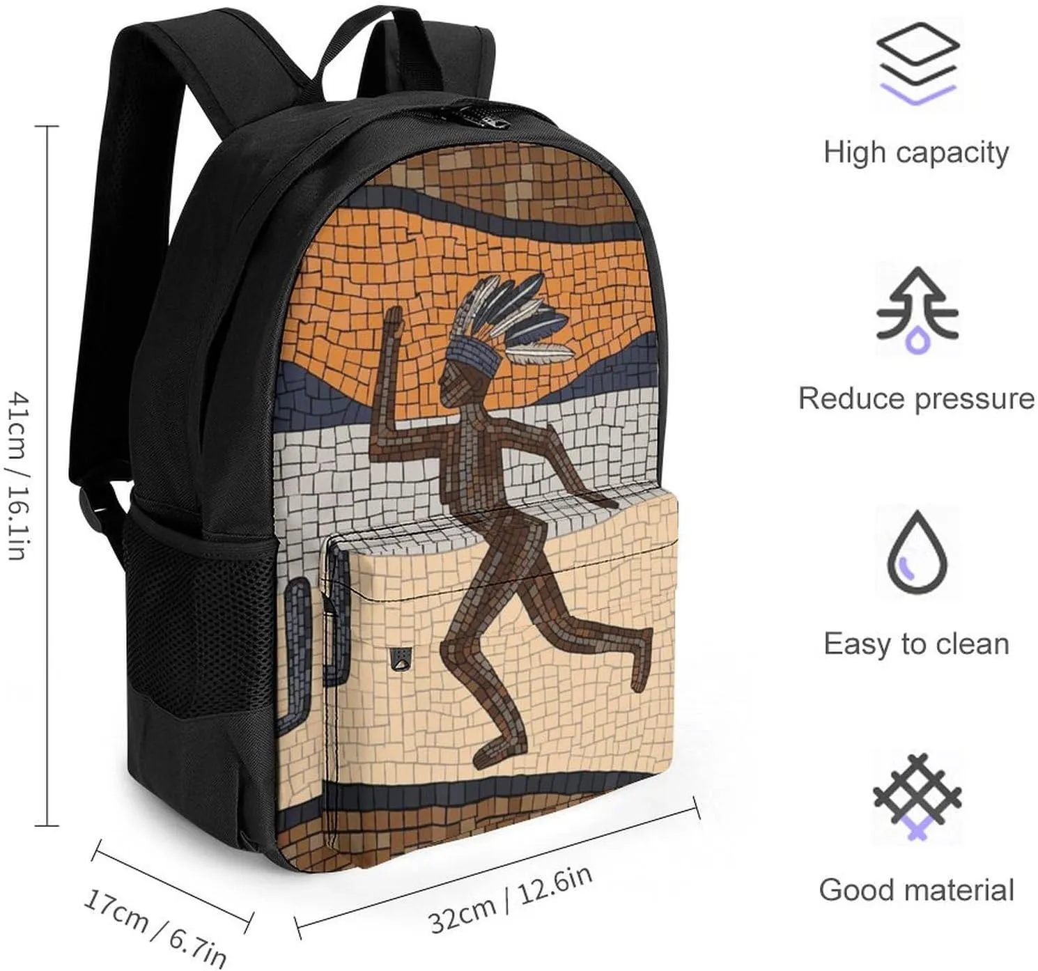 Women Men Polyester Kokopelli Southwest Desert Art Casual Daypack Large Capacity Bookbag With Side Pockets for Sports Picnic Walking Cycling