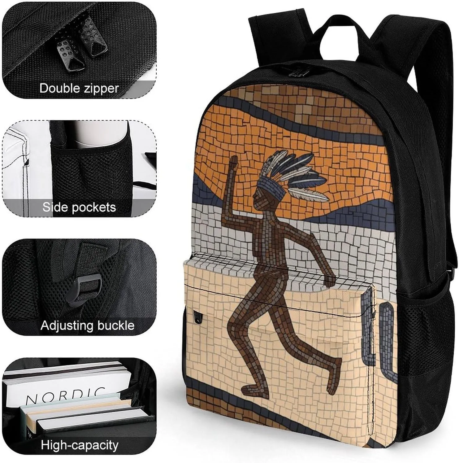 Women Men Polyester Kokopelli Southwest Desert Art Casual Daypack Large Capacity Bookbag With Side Pockets for Sports Picnic Walking Cycling