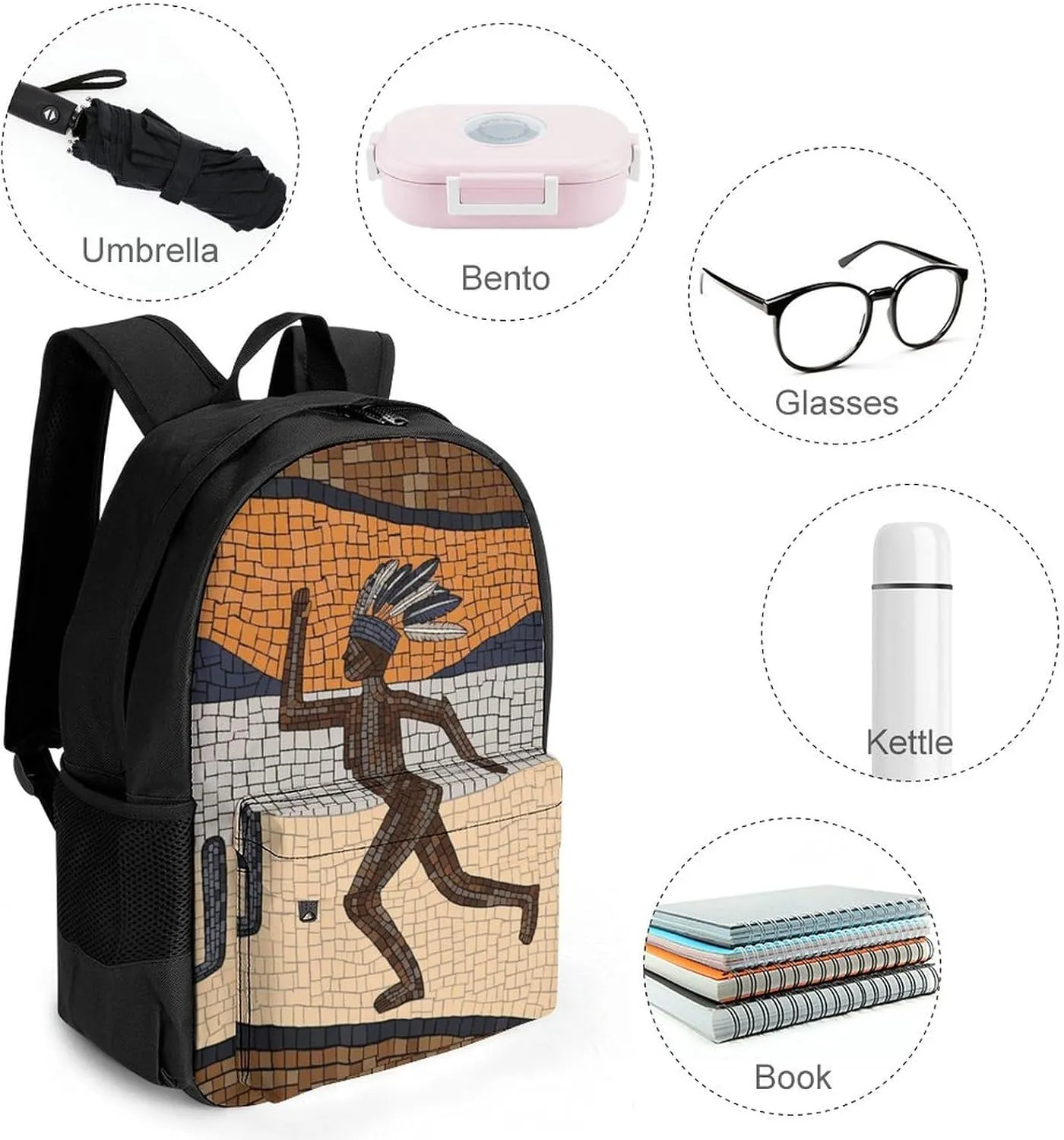 Women Men Polyester Kokopelli Southwest Desert Art Casual Daypack Large Capacity Bookbag With Side Pockets for Sports Picnic Walking Cycling