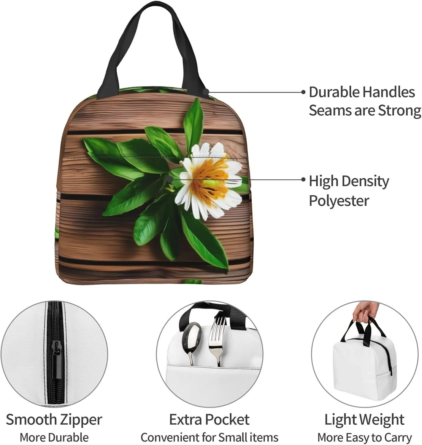 Work Lunch Box,Teal Flower on Plank Travel Lunch Bag for Women Men,Large Capacity Reusable Insulated Lunch Container