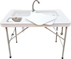 Work Station Table, Portable, Foldable, Dual Sink, Rugged, Outdoor Kitchen Accessory, 40x26x33 inches, Grey