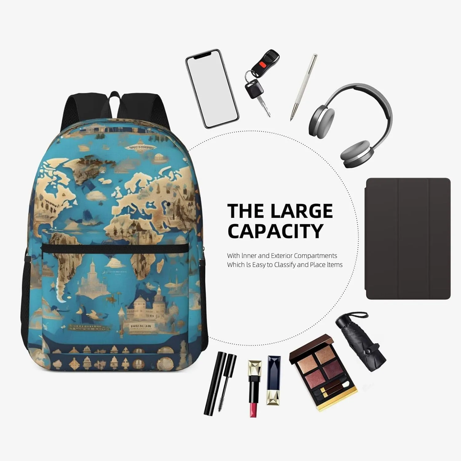 World Geography Map Travel Laptops Backpack For Women Men,Casual Work Bag 17inch Backpacks For Hiking Business