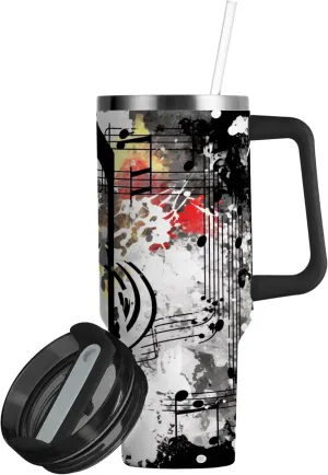 xigua 30 oz Black Treble Clef Tumbler with Handle and Straw Lid, Stainless Steel Vacuum Insulated Sports Water Bottle, Keeps Cold or Hot Coffee Cup Travel Mug