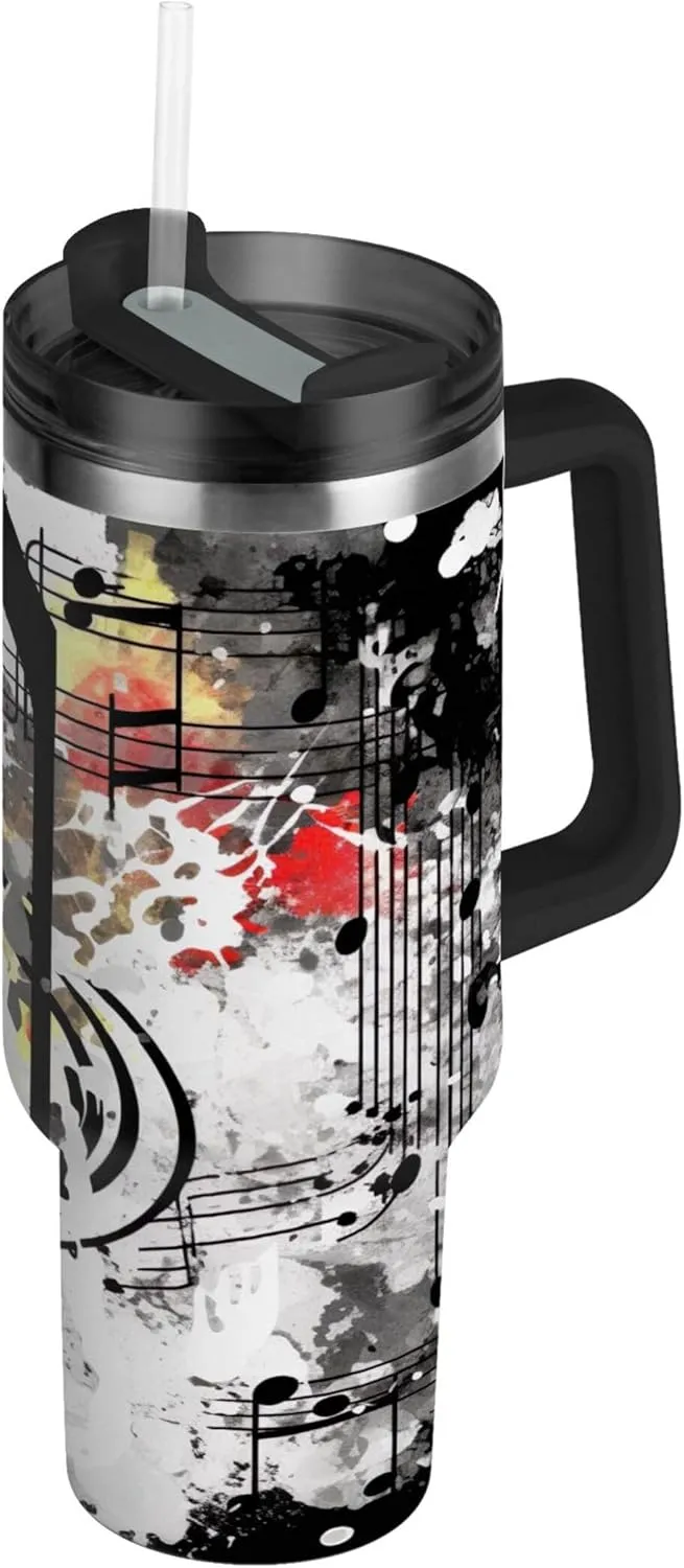 xigua 30 oz Black Treble Clef Tumbler with Handle and Straw Lid, Stainless Steel Vacuum Insulated Sports Water Bottle, Keeps Cold or Hot Coffee Cup Travel Mug