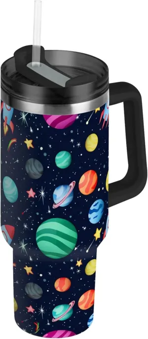 xigua 30 oz Colorful Planets Tumbler with Handle and Straw Lid, Stainless Steel Vacuum Insulated Sports Water Bottle, Keeps Cold or Hot Coffee Cup Travel Mug