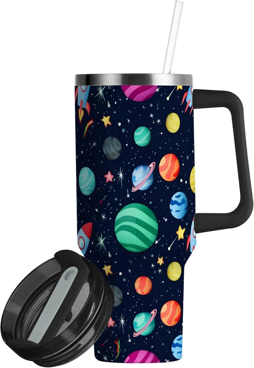 xigua 30 oz Colorful Planets Tumbler with Handle and Straw Lid, Stainless Steel Vacuum Insulated Sports Water Bottle, Keeps Cold or Hot Coffee Cup Travel Mug