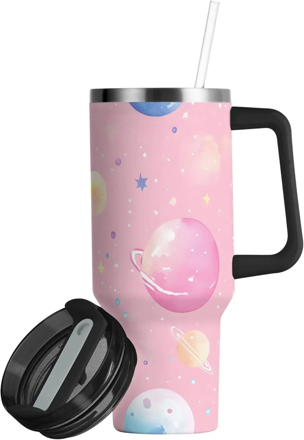 xigua 30 oz Glittery Planets Tumbler with Handle and Straw Lid, Stainless Steel Vacuum Insulated Sports Water Bottle, Keeps Cold or Hot Coffee Cup Travel Mug