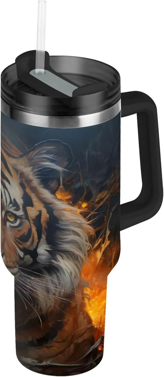 xigua 40 oz Flaming Tiger Tumbler with Handle and Straw Lid, Stainless Steel Vacuum Insulated Sports Water Bottle, Keeps Cold or Hot Coffee Cup Travel Mug