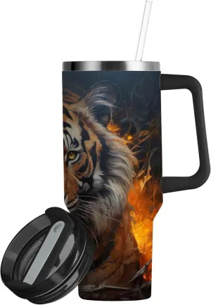 xigua 40 oz Flaming Tiger Tumbler with Handle and Straw Lid, Stainless Steel Vacuum Insulated Sports Water Bottle, Keeps Cold or Hot Coffee Cup Travel Mug