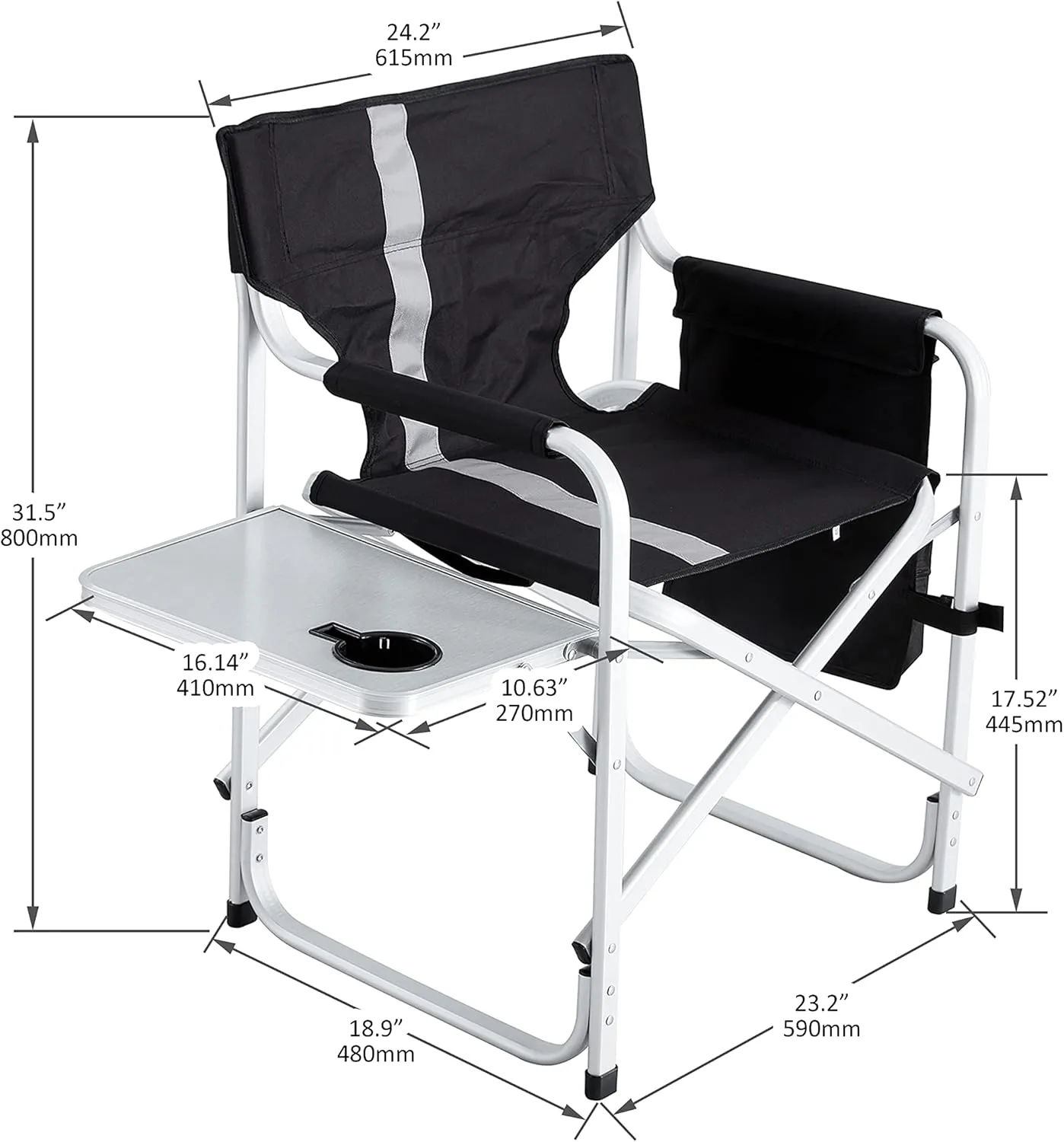 XXL Oversized Folding Camping Chair, Portable Aluminum Directors Chair with Side Table & Storage Pocket, Lawn Chairs for Fishing,Trip,Picnic,Lawn,Concert Outdoor, 2 PCS Black