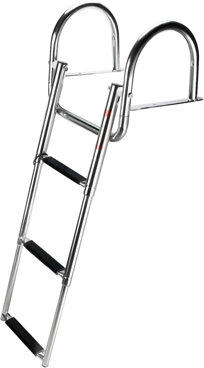 YaeMarine Stainless Steel in-Board 3 Step Pontoon Boat Ladder Telescoping Boat Swim Ladder Folding Dock Ladder for Marine Boat Yacht Swimming Pool