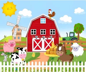 Yeele Cartoon Farm Backdrop Rustic Red Barn Animals Wood House Haystack Decorations Background Spring Western Cowboy Cows Pigs Sheep Kids Children Birthday Baby Shower Banner Photo Booth 10x8ft