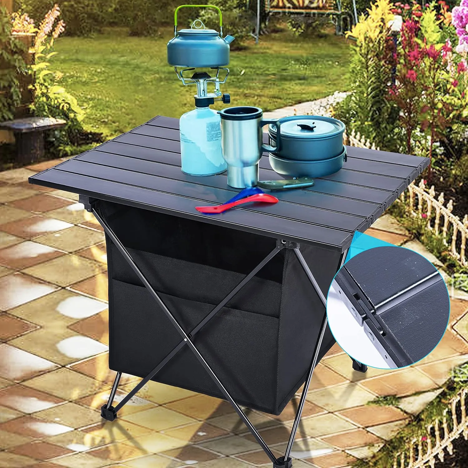 YSSOA Portable Folding Aluminum Alloy Camping Table with High-Capacity Storage and Carry Bag, Medium Size, for Camping, Traveling, Hiking, Fishing, Beach, BBQ,Black