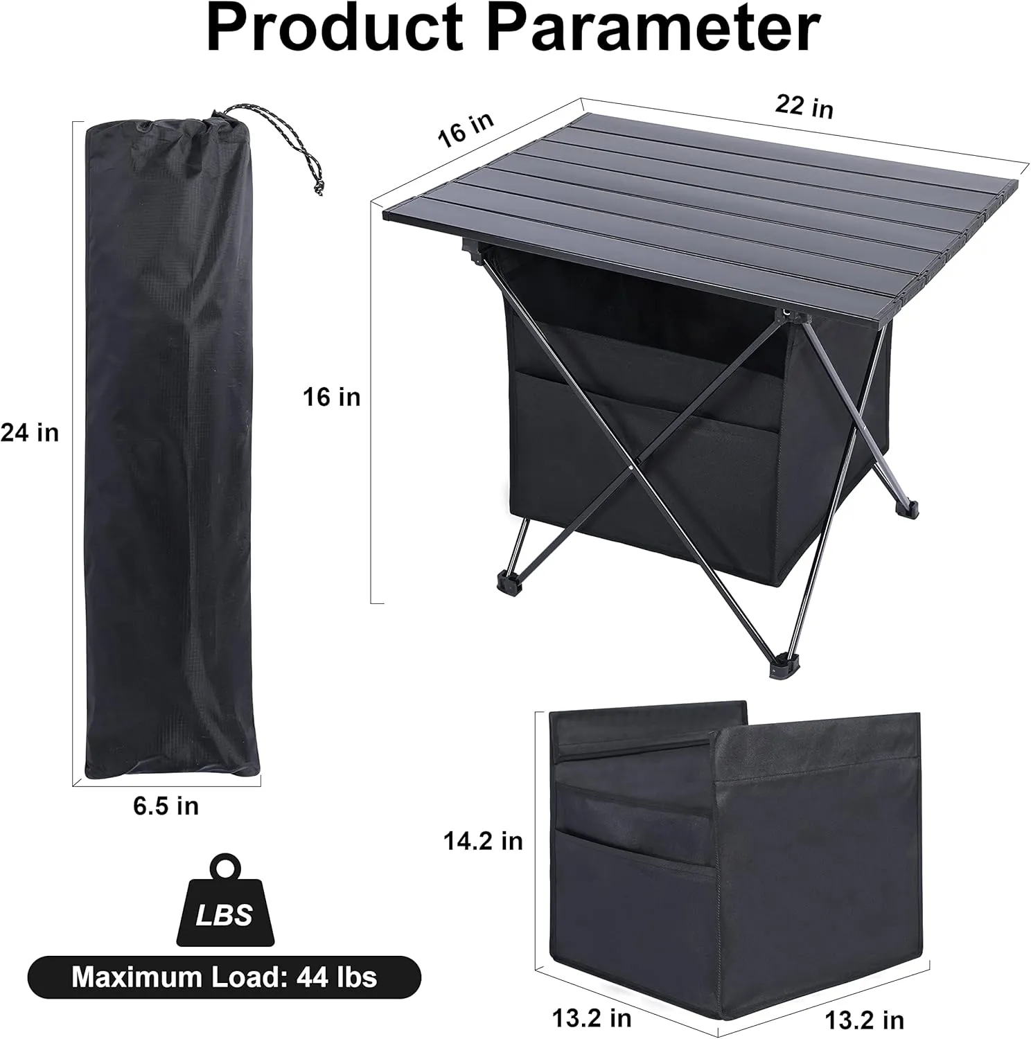 YSSOA Portable Folding Aluminum Alloy Camping Table with High-Capacity Storage and Carry Bag, Medium Size, for Camping, Traveling, Hiking, Fishing, Beach, BBQ,Black