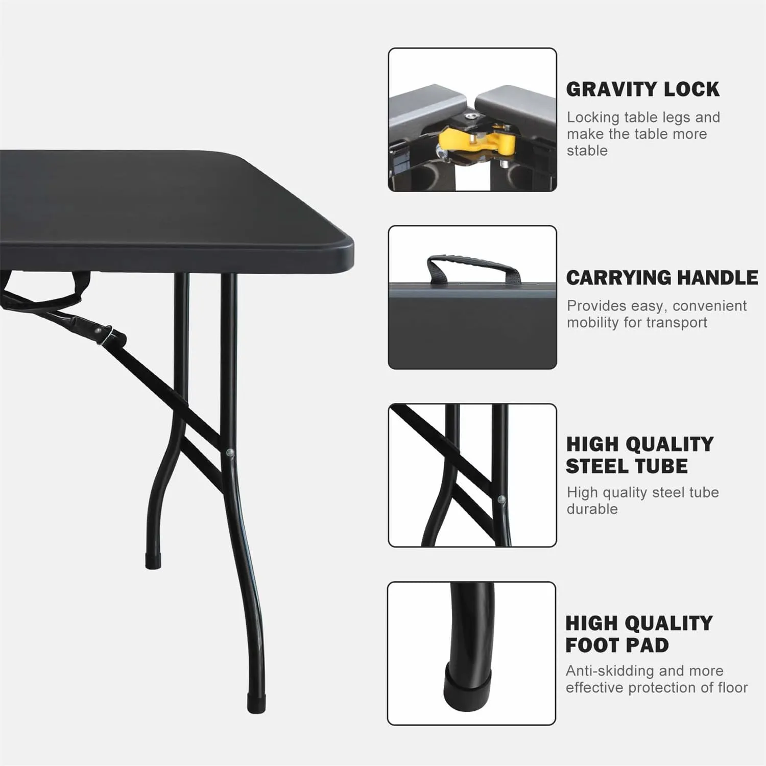 ZeHuoGe Portable Folding Table,Lightweight Picnic Party Dining Camp Table, Folding Banquet Table,Multifunctional Camping Table (Black, 6ft)