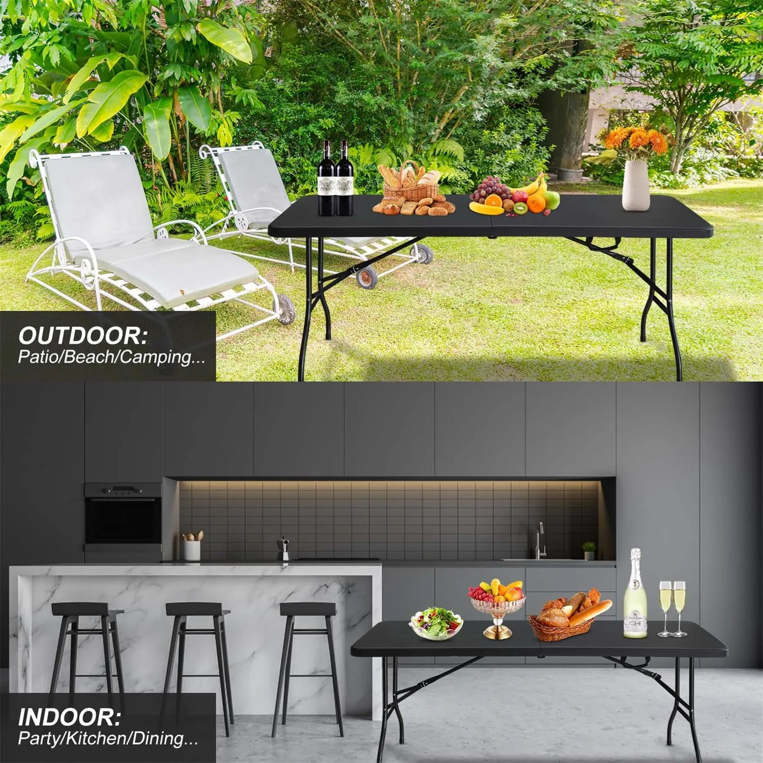 ZeHuoGe Portable Folding Table,Lightweight Picnic Party Dining Camp Table, Folding Banquet Table,Multifunctional Camping Table (Black, 6ft)