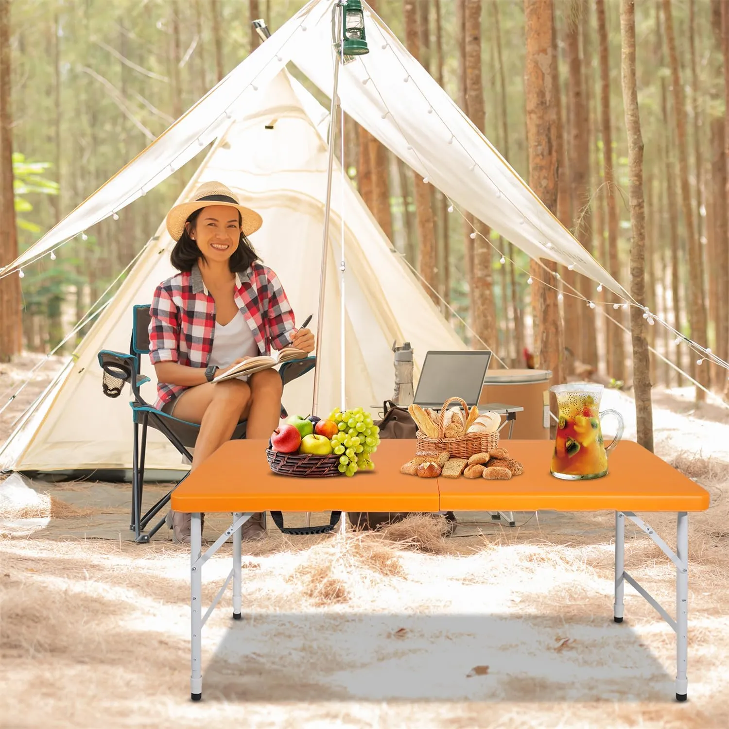 ZeHuoGe Portable Folding Table,Lightweight Picnic Party Dining Camp Table, Folding Banquet Table,Multifunctional Camping Table (Orange, 4ft)